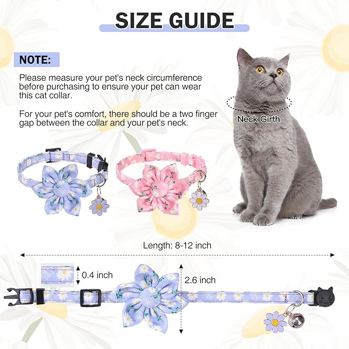 Breakaway Cat Collars for Girl Boy Cats, 2 Pack Cute Kitten Collar with Bells & Flowers, Safety Adjustable Female Male Kitty Puppy Floral Collar Pink & Blue, Small Pet Spring Gifts