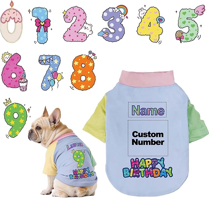 Custom Dog Birthday Shirt,Personalized Pet Apparel Print with Name Age Number,Pet Birthday Outfit,Lightweight Breathable Cotton Vest for Small Medium Large Dogs Cat (Dopamine Blue, Medium)