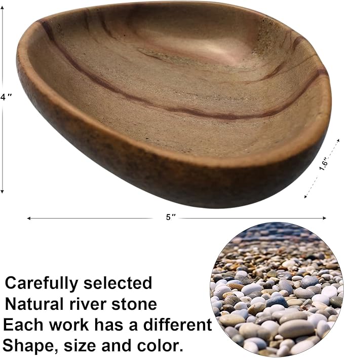 Natural River Stone Reptile Food Bowl - Handmade Pebble Dish for Reptiles, Amphibians, Hedgehogs, and Small Pets - Unique Size, Shape & Color - Water & Food Bowl (Brown)