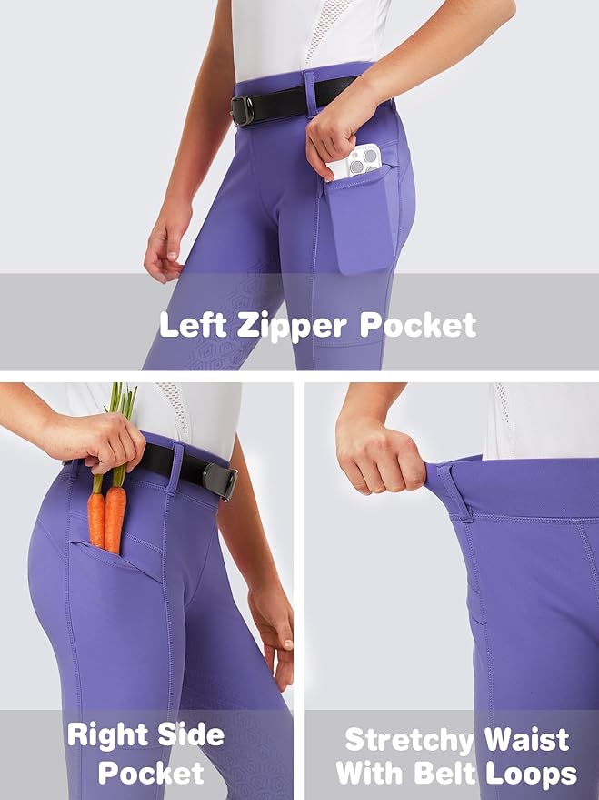 FitsT4 Sports Girls Riding Pants Full Seat Kids Equestrian Breeches Stretchy Youth Horse Schooling Tights Zipper Pockets