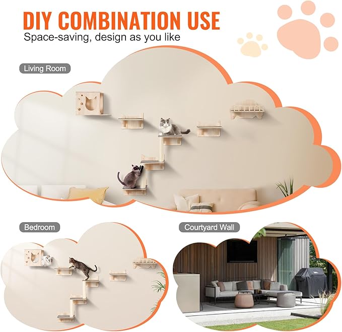 VEVOR Wall Mounted Cat Shelves and Perches with Jumping Boards, Nest, Barrier Board & Tree, Floating Furniture up to 40 lbs for Sleeping, Playing, Climbing, Set of 5