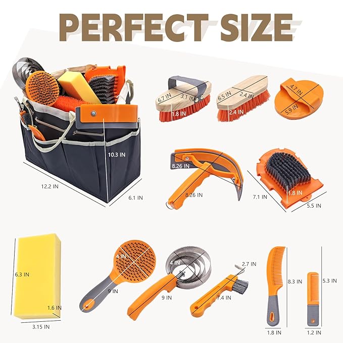 Horse Grooming Kit, Grooming Supplies Includes Horse Brushes and Handbag, Brush Set, Curry Comb, Hoof Pick, Sweat Scraper, Sponge Etc., Suitable Gifts for Riding Enthusiasts Lovers