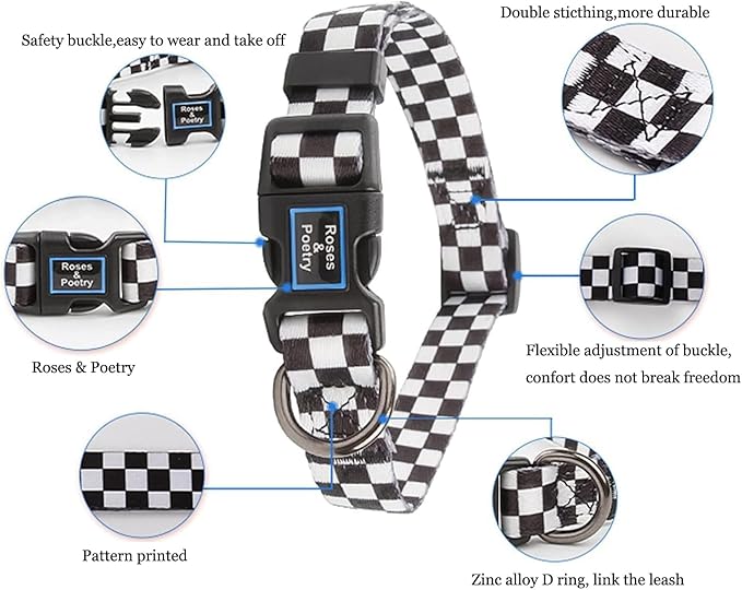 Roses&Poetry Dog Collar with Colourful Checkered Patterns, Adjustable Durable Puppy Collars for Small Medium Large Dogs (Black & White-M)