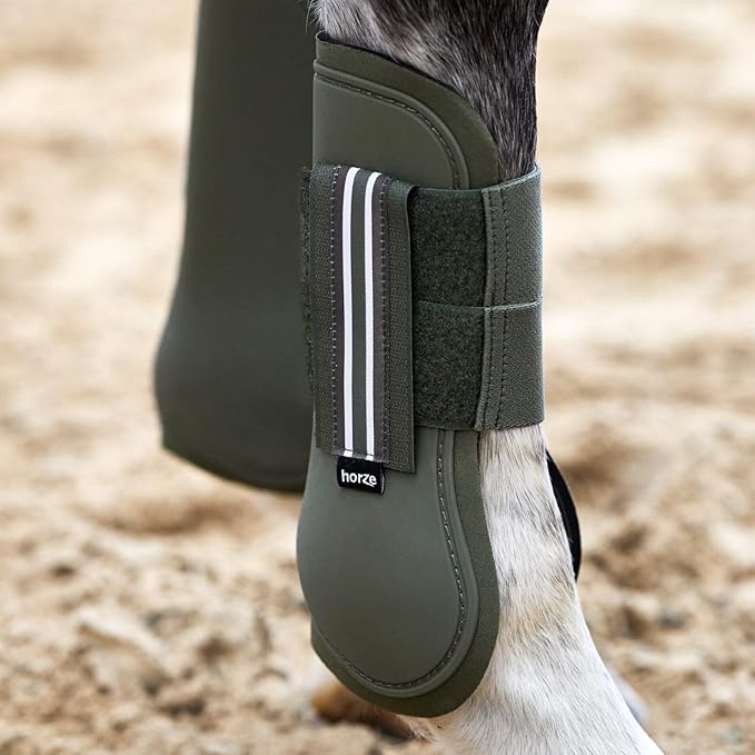 HORZE Adepto Open Front Tendon Boots | Durable Shell with Neoprene Lining - Beetle Khaki Green - Cob