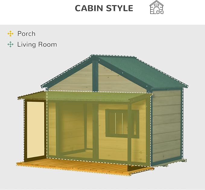 PawHut Outdoor Dog House Cabin Style, Wooden Raised Pet Kennel with Asphalt Roof, Front Door, Side Window, Porch for Medium/Large Dogs, Loading 53 lbs, Yellow