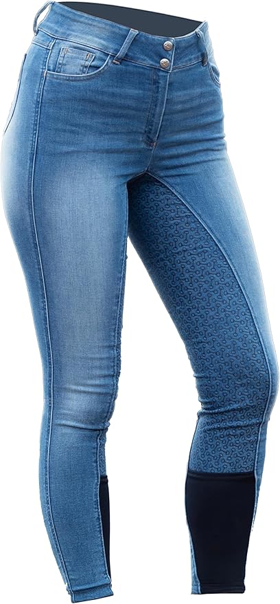 HORZE Kaia Womens Denim Horse Riding Pants | High Waist Silicone Full Seat Breeches | Accurate Size Chart