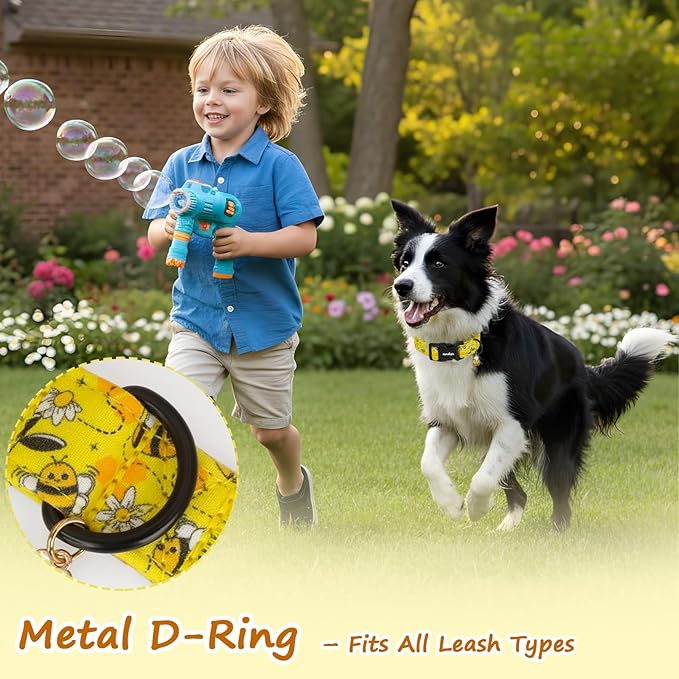 Yellow Dog Collar for Extra Small Dogs, Spring & Summer Theme Small Dog Collars Featuring Bee Pollinating White Flowers Pattern, Adjustable Cotton Collar for Girl Boy Dogs -XS