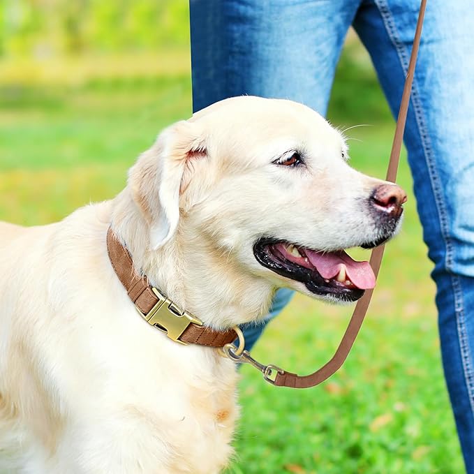 Genuine Leather Dog Collar - Adjustable Pet Collar with Quick Release Metal Buckle, Soft Skin Friendly Real Leather Collar for Small, Medium, Large Dogs (Brown Collar + Rope, L：Fit 15-23" Neck)