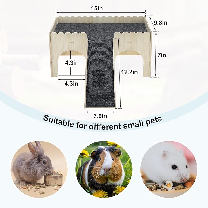 Guinea Pig Hideout, Wooden Small Animal Castle Habitat with Stairs, Hamster Bunny Chinchilla Hideaway Hut for Playing Hiding, Beige, Black, 1 Set