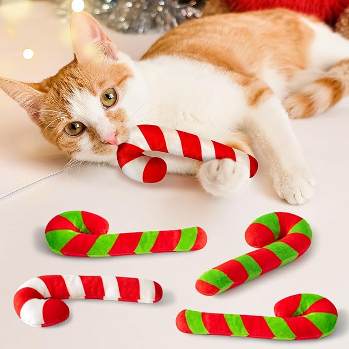 MALLMALL6 6Pcs Christmas Candy Cane Catnip Toys Gift for Cat, Indoor Cat Chew Bite Kick Catmint Pet Toys Supplies for Cat Lover Xmas Gifts, Cute Interactive Cat Toy for Pet Presents