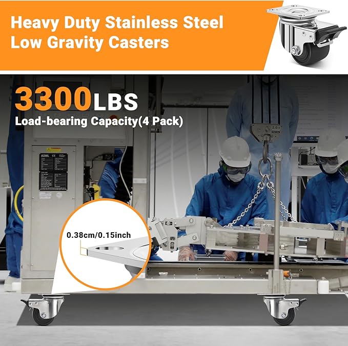 Nefish 2.5 Inch Heavy Duty Stainless Steel Low Gravity Casters, SUS 304 Industrial Grade Stainless Steel Caster Wheels with Brakes, Durable Castors Set of 4 with Nylon Wheels for Industrial, Equipment