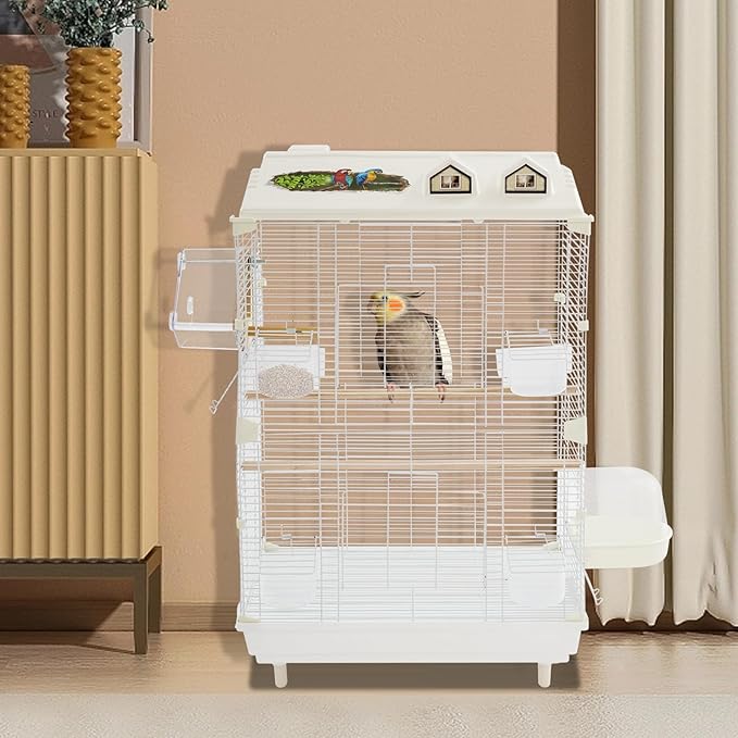 30Inch Bird Cage with Perches, Small Flight Cage with Detachable Tray 2 Tiers Iron Birdcage Freestanding Parrot Cage White for Small Medium Birds