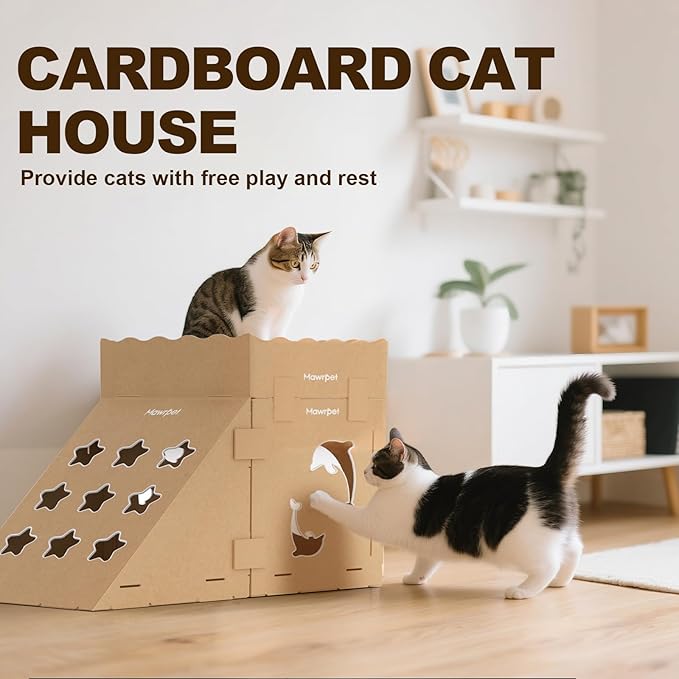 DIY Cardboard Cat House with Scratching Pad, Cat Tower Indoor Play House, Versatile Cardboard Cat Tunnel Box for One or More Pets, Indoor Use Rabbit Hideout Cave Castle Brown, 3 Parts