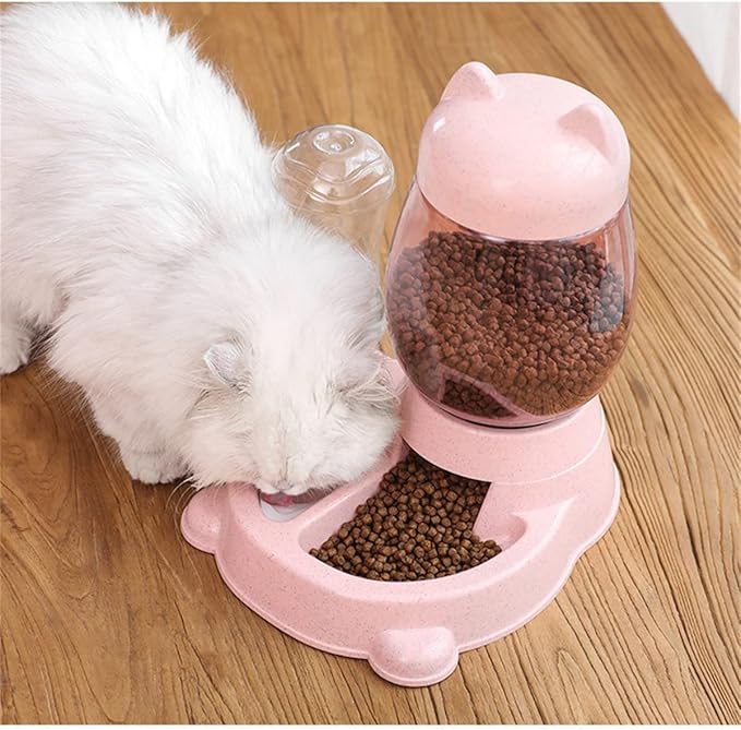 Automatic Cat & Dog Feeder Set, Self-Dispensing Food & Water Dispenser, Large Capacity (Pink)