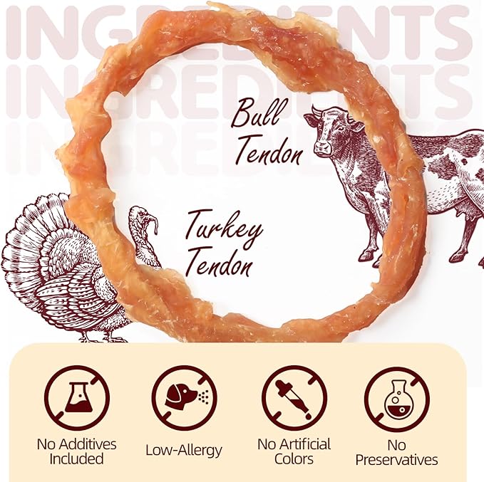 TailParty Turkey Tendons for Dogs, 5.08 oz, Large Dog Training Treats, Natural Long-Lasting Chew Snacks, High-Protein Beef Tendons, Healthy Hypoallergenic Turkey Ring(4 Units/Pack)