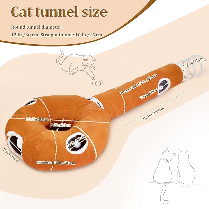 Ownpets 2-in-1 Cat Tunnel, Large Lollipop Shape Cat Tunnel Toy with Fluffy Balls, Spiral Toy, Plush Collapsible Cat Cave Hideout Donut Tunnel for Multi Kitten Puppy Rabbit, Orange