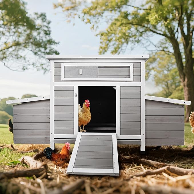 58”Solid Wood Chicken Coop for 3-4 Chickens,Outdoor Hen House Poultry Pet Hutch with Run Cage and 2 Sides Nesting Box,Waterproof Asphalt Roof Ramp,Removable Tray Wire Fence for Backyard