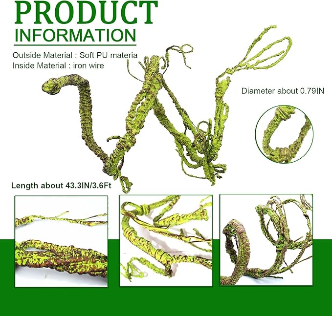 BNOSDM Reptile Jungle Vines Flexible Bend-A-Branch, 3.6Ft Reptile Climbing Branches, Chameleon Flexible Vine Decor,Terrarium Plants Decoration Accessories for Lizard Gecko Frog Snake