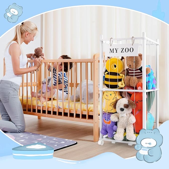 Stuffed Animal Storage Zoo with Wheels, Wooden Stuffed Animal Organizer with Elastic Cords, Space Saving Toy Plushies Storage Holder for Playroom, Bedroom, Living Room(White, Small)