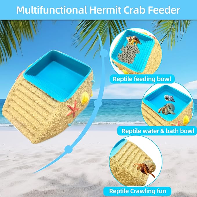 Hermit Crab Water Bowl with Climbing Ramp, Resin Reptile Water Dish Tortoise Habitat Accessories for Turtle, Snake, Lizard, Frog, Gecko, Bearded Dragon (M)