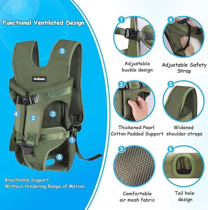 PetBonus Pet Front Dog Carrier Backpacks, Adjustable Pet Backpack, Legs Out Easy-fit Puppy Chest Carrier for Medium Small Dogs, Hands Free for Hiking, Cycling (Army Green, M)