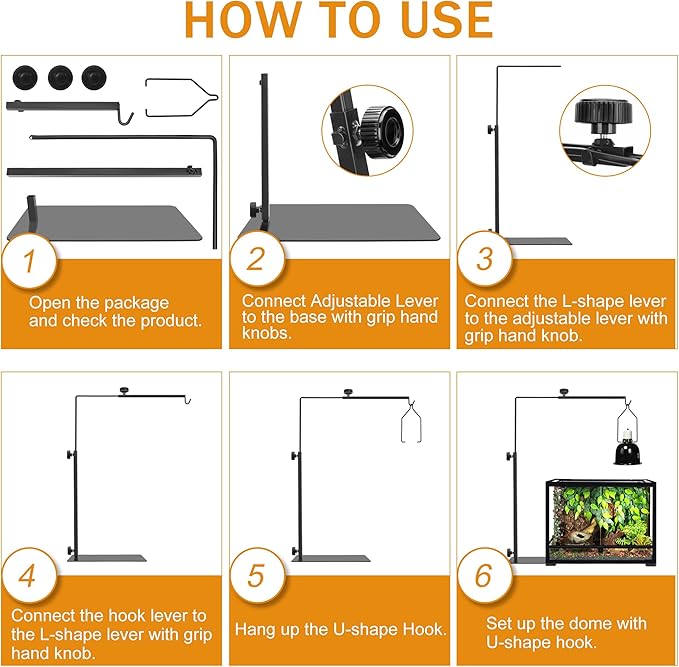 Reptile Domes Stand, Adjustable 16-27 Inch Heat Lamp Stand Fixture for Terrarium, Metal Black Basking Lamp Holder