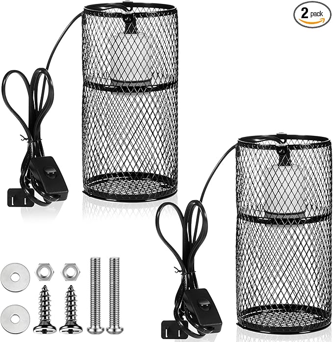 VIHOSE 2 Pcs Reptile Heat Lamp Guard with 150W Ceramic Heat Emitter Basking Anti Scald Heating Lamp Holder Mesh Cage Reptile Protection Lampshades for Lizard Snake Chick, Bulb Not Included