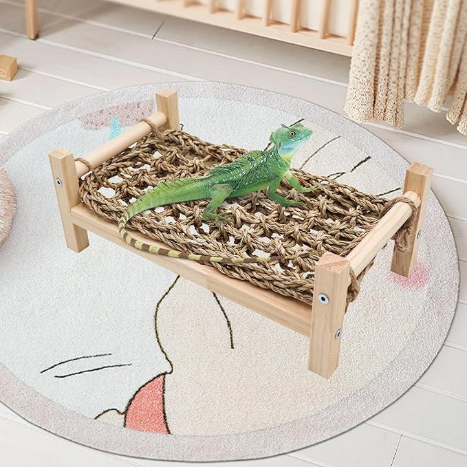 Dnoifne Bearded Dragon Bed - Natural Wood and Seagrass Hammock, Reptile Tank Basking Platform Accessories for Leopard Gecko, Lizard, Frog