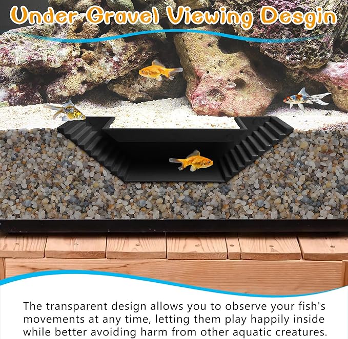 Aquarium Underground Tunnel Small Fish Cave Hideout with 2 Entrances Under Gravel Viewing Shrimp Tunnel Plastic Fish Tank Decoration (Black)
