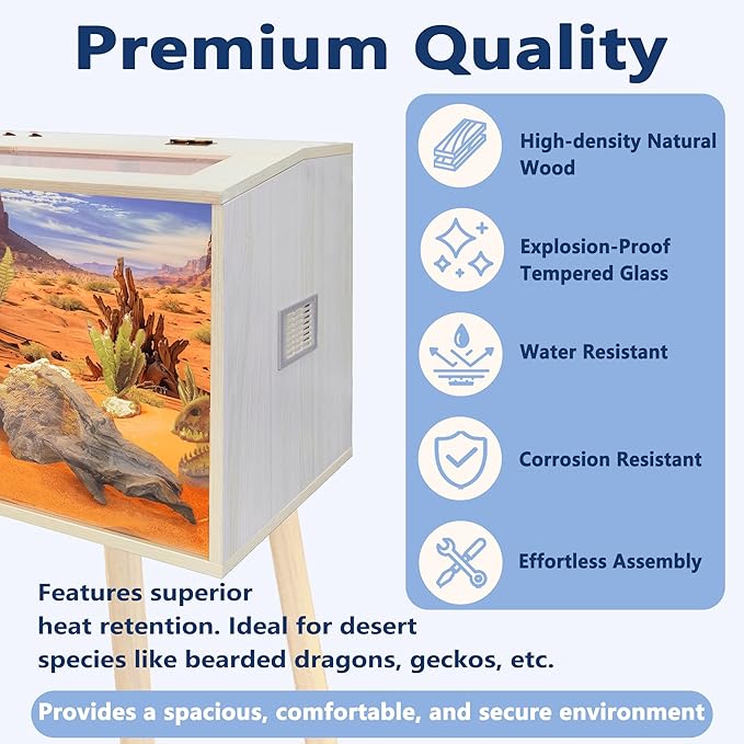 Prolee 36 Gallon Reptile Tank, Tempered Glass Bearded Dragon Tank with Wooden Roof and Lockable Doors, Large Lizard Habitat for Snakes, Iguanas, Chameleons (Oak)