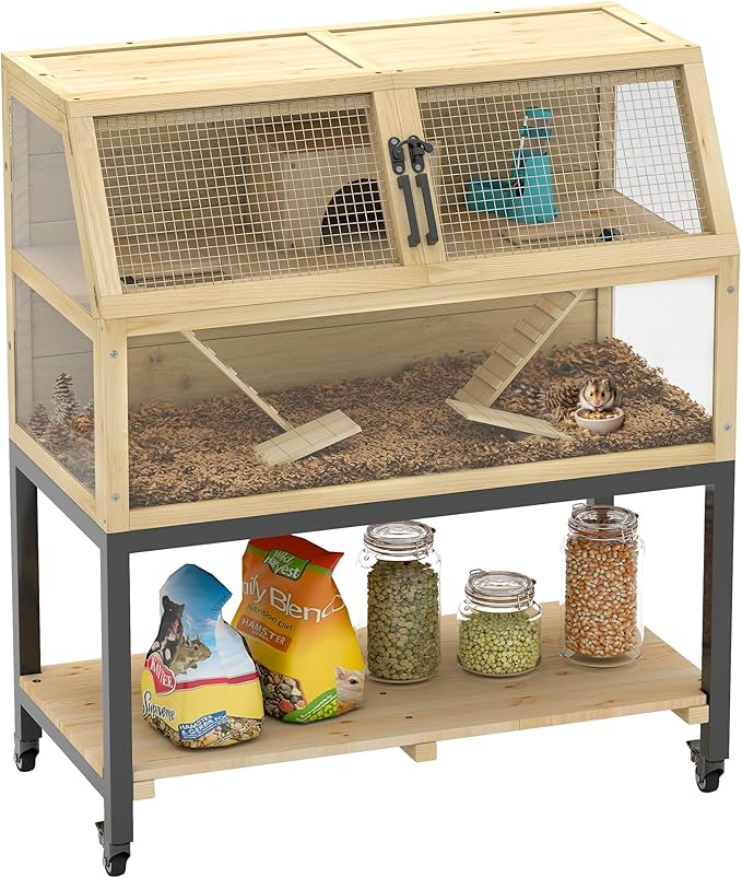 PawHut Hamster Cage with Storage Shelf, Wooden Rat Cage on Wheel, Small Aniaml Cage with Seesaws, Water Bottle, Hut & Ramps, for Dwarf, Gerbil, Syrian Hamster, Mouse, 34" L x 17" W x 40" H