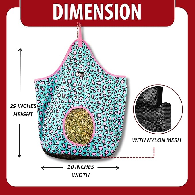 Jeffers Expression Top Loading Hay Bag for Horses & Livestock – Durable 600 Denier, Water Resistant Hay Feeder with Mesh Bottom for Stall, Trailer & Travel – Horse Feeding Supplies - Party Cheetah