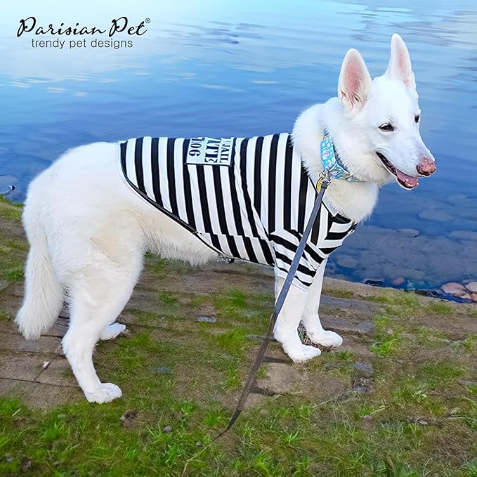 Parisian Pet Prisoner Dog Shirt - Black and White Striped Cotton Costume - Lightweight Polyester Sleeved Outfit for Large Dogs - Pet Clothes - 5XL