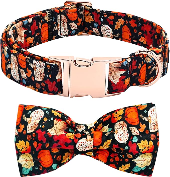 Fall Dog Collar, Leaf Pumpkin Print Adjustable Pet Collar Cute Cotton Soft Collars with Bow Tie Metal Buckle Holiday Puppy Collars Boy&Girl Gift for Medium Dogs