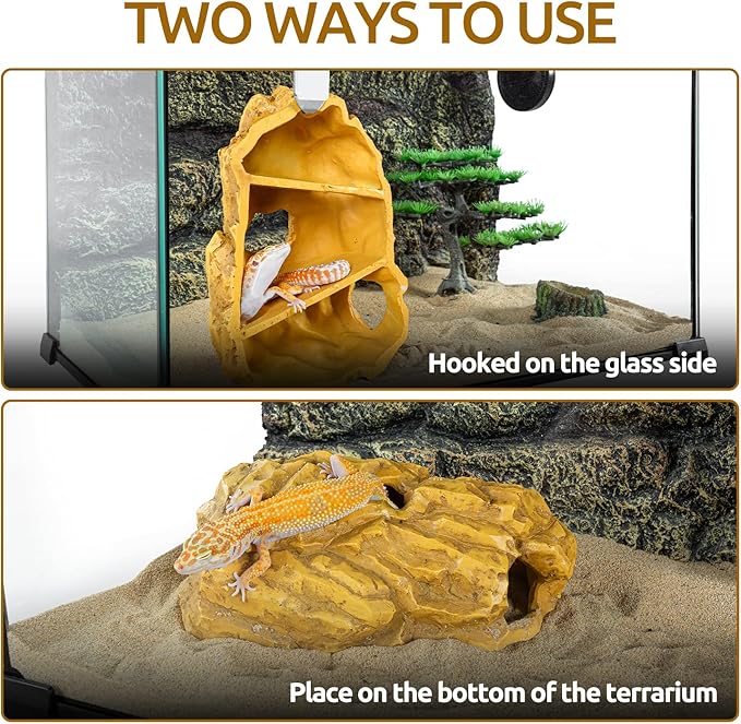 REPTIZOO Reptile Hide Hookable Multi-Levels Hideout Resin Reptile Cave Bearded Dragon Hideout Terrarium Accessories Decor for Reptiles, Amphibians, Snakes, Lizards,Leopard Gecko