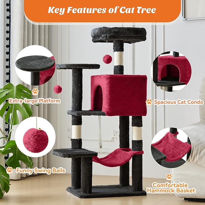 Cat Tree Tower 44 Inch, Small Cat Tower with Condo, Hammock, Sisal Scratching Posts, Extended Perch, Pet Play House for Indoor Kittens and Cats, Black Red