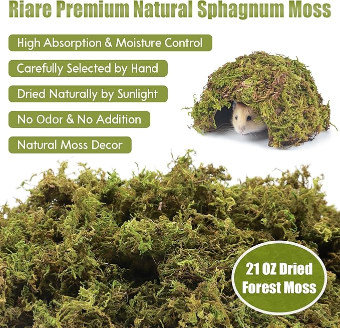 Riare 25QT Natural Hamster Moss Bedding Nesting-Soft Forest Moss Hamster Habitat Reptile Moss for Dwarf Syrian Hamsters, Mices, Gerbils, Reptiles, Small Pets (1.3LBS)