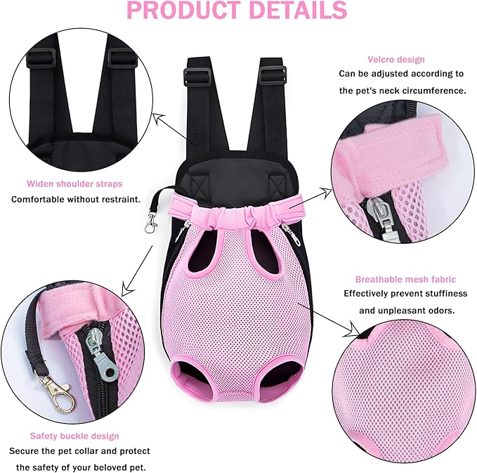 Pet Carrier Backpack, Adjustable Pet Front Carriers for Small Medium Dogs Cats 5-18 Lbs, Legs Out, Dog Cat Carrier Backpack for Hiking,Camping,Traveling,Cycling (Pink, Large（Fit:10-18lb）