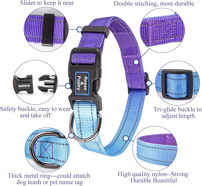 Roses&Poetry Reflective Dog Collar with Gradient Violet, Adjustable Durable Pet Collars for Small Medium Large Dogs (Violet-M)