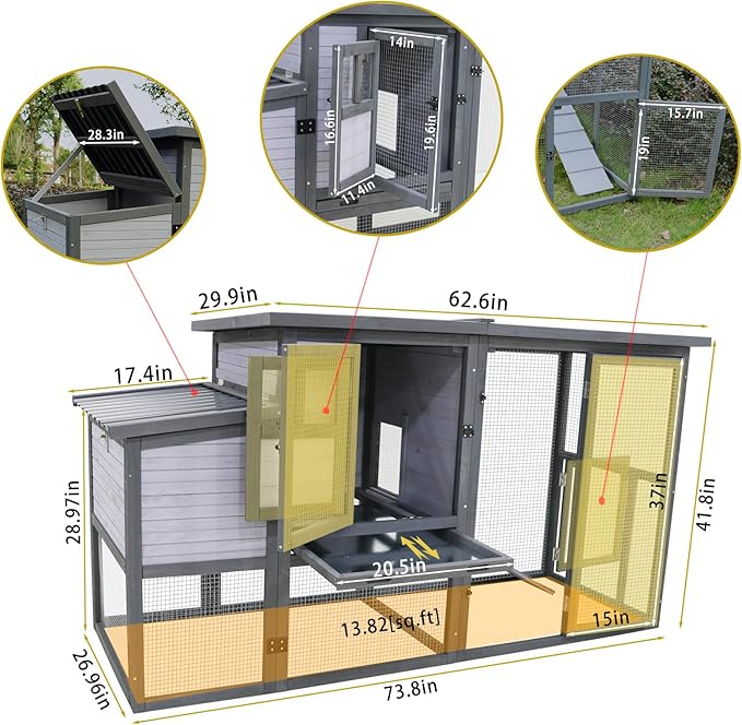 79" Large Wooden Outdoor Chicken Coop with Double-Layer Winter Coop with Large Nest Box, Rainproof Roof and Removable Trays Outdoor Compatible, Suitable for Duck Coops and Rabbit Coops4-6 Chickens