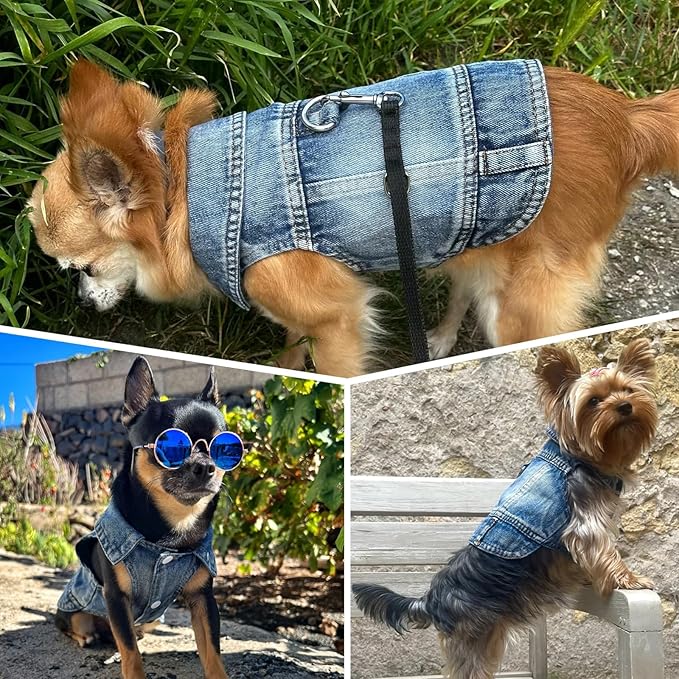 Puppy Clothes for Small Dogs Boy,Classic Western Denim Dog Coat,Dog Jeans Jacket with Leash D-Ring,Pet Cat Costumes,Cooling Harness Vest for Walking (Blue, X-Small)