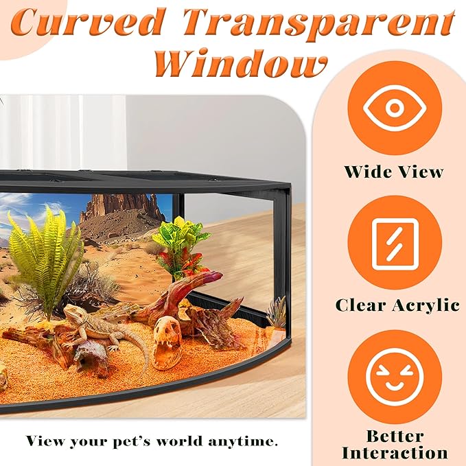 PROLEE Bearded Dragon Tank, Curved Reptile Enclosure with 3-Side Clear Acrylic Panels, Spacious Lizard Tank with Metal Mesh Top and Lockable Door for Reptile Habitat (Black, 40" Length,60 Gallons)