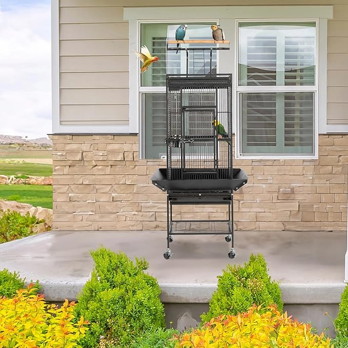 VINGLI 65-Inch Wrought Iron Bird Cage with Playtop | Durable Large Flight Cage with Ladder & Rolling Stand for Parrots, Cockatiels, Budgies, Lovebirds, Small/Medium Birds