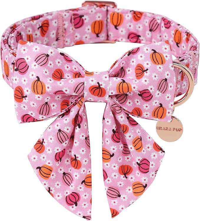 Halloween Pumpkin Dog Collar with Bow Tie, Pink Halloween Puppy Bowtie Collar with Adjustable Metal Buckle,Fancy Dog Collar Bowtie for Girl Boy Dog,L