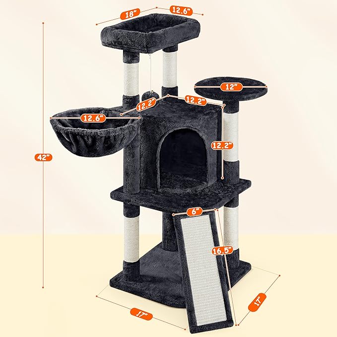 Yaheetech Cat Tree, 42in Cat Tower for Indoor Kittens, Pet Play House with Large Perch & Scratching Posts & Cozy Condo & Scratching Ramp, Kitten Furniture Activity Center, Black