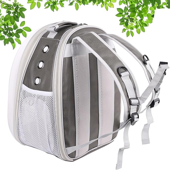 halinfer Expandable Carrier Backpack for Kitten Bunny and Small Puppy, Vented Transparent Space Capsule Astronaut Cat Bubble Window, PU Leather Grey Vet Carry Bag