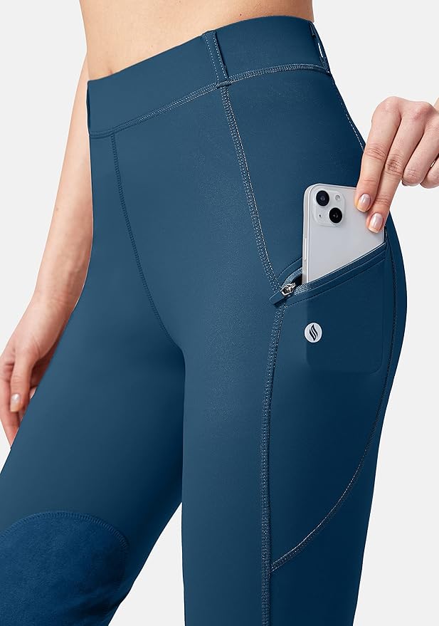 SANTINY Women's Horse Riding Pants with Zipper Pockets Knee-Patch Schooling Tights Equestrian Breeches for Women