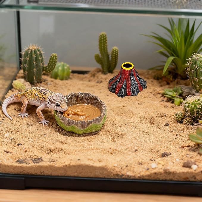 Small Reptile Feeding Dish 2Pack Gecko Food Water Dispenser Worm Bowl with Resin Volcano Decor for Terrarium Leopard Crested Gecko Juvenile Bearded Dragon Lizards Cricket Dubia Feeder