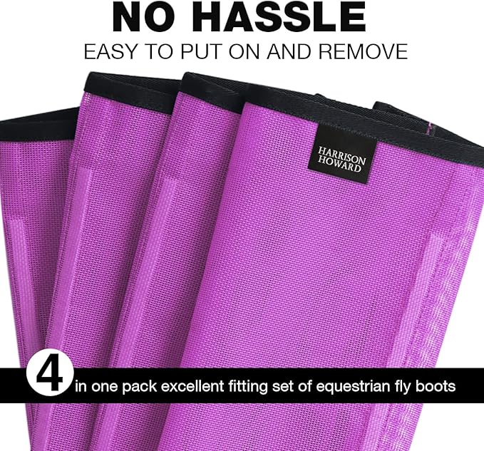 Harrison Howard Loose Fitting Fly Boots UV-Protective Extra Tough Mesh Ventilated Four Fasteners Stay-on Design Protect Horse Legs & Stomp-Reducing Set of 4 Purple Large