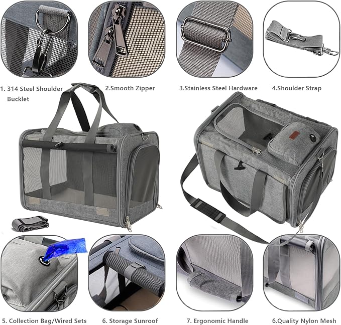 Cat Carriers Soft Grey Small Dog Carrier Airline Approved,Pets Travel Bag for Cats Puppies,Large Pocket,Breathable,Sunshine Protection Pet's Carrier Privacy Protection Outdoor Kitties Kennel